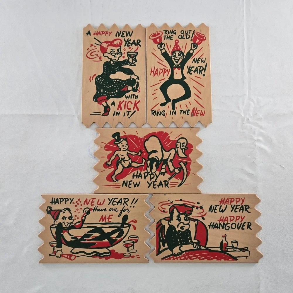 Happy New Year Wood Postcards Lot of 5 New ATTCO-227 Holiday 3x5in.